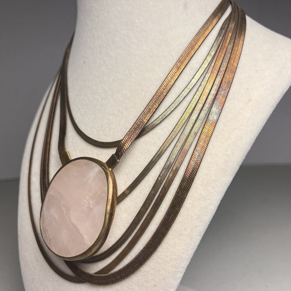 Lena Bernard Multi Strand Herringbone Necklace Rose Quartz Pendant Gold Tone VTG - Picture 3 of 12
